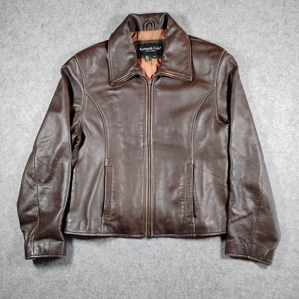 Kenneth Cole New York Womens Brown Leather Full Zip Moto Jacket Size Large L